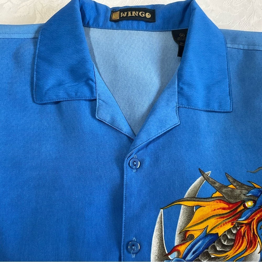 WINGO Shirt Mens Size XL Blue FIRE DRAGON Print Y2K SKATE Hawaiian VINTAGE
